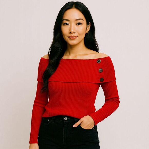 Banana Republic Small Red Off The Shoulder Sweater | Ribbed, Button Detail - Picture 1 of 10
